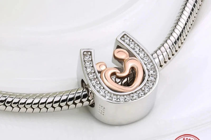 100% 925 Sterling Silver & Gold Horseshoe Amulet Charm with Zircon