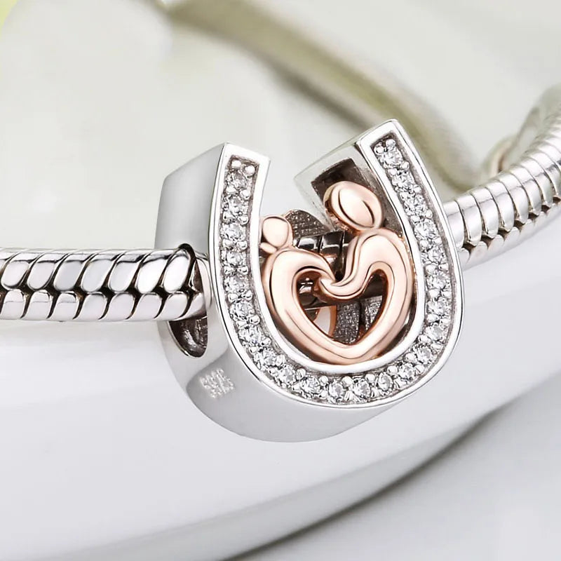 100% 925 Sterling Silver & Gold Horseshoe Amulet Charm with Zircon