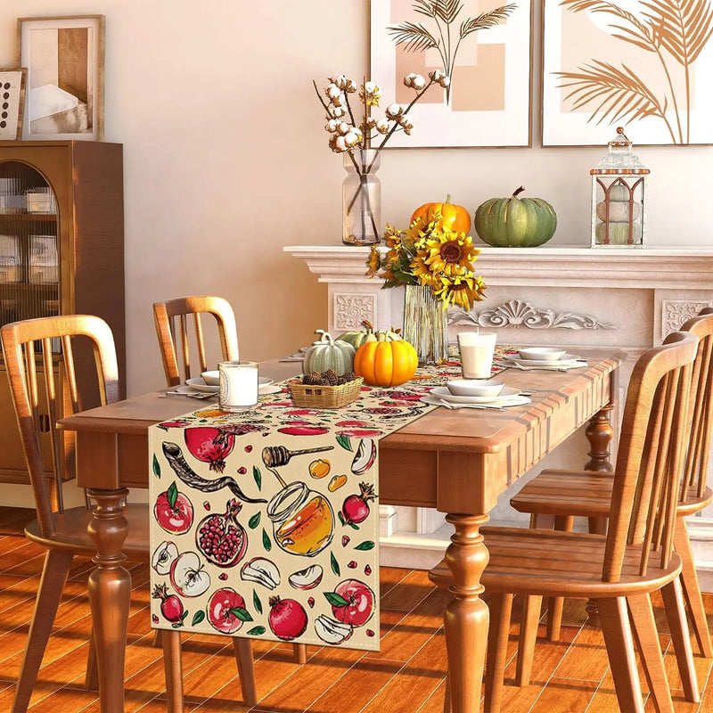 Rosh Hashanah Linen Table Runner with Honey Design