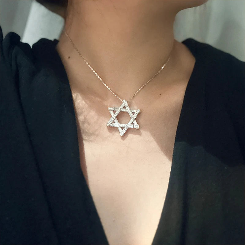 100% Pure 925 Sterling Silver Star of David Pendant Necklace with Zircon