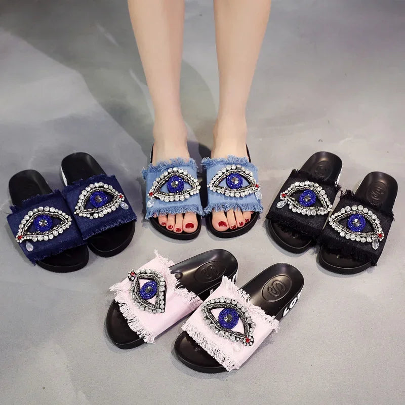 Retro Denim Evil Eye Slippers