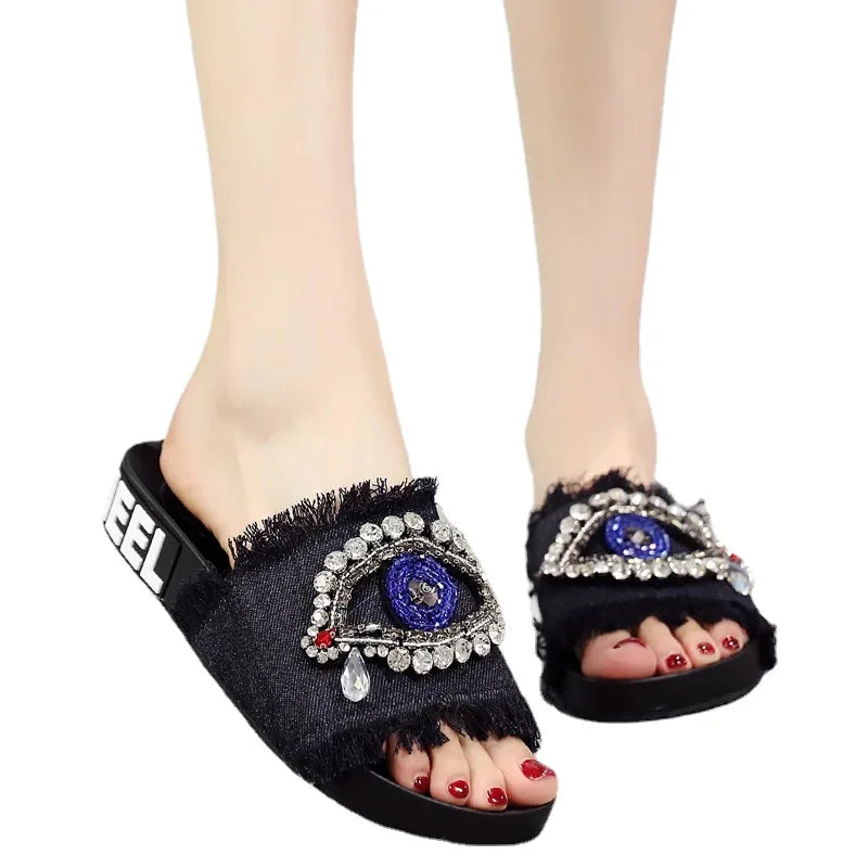 Retro Denim Evil Eye Slippers