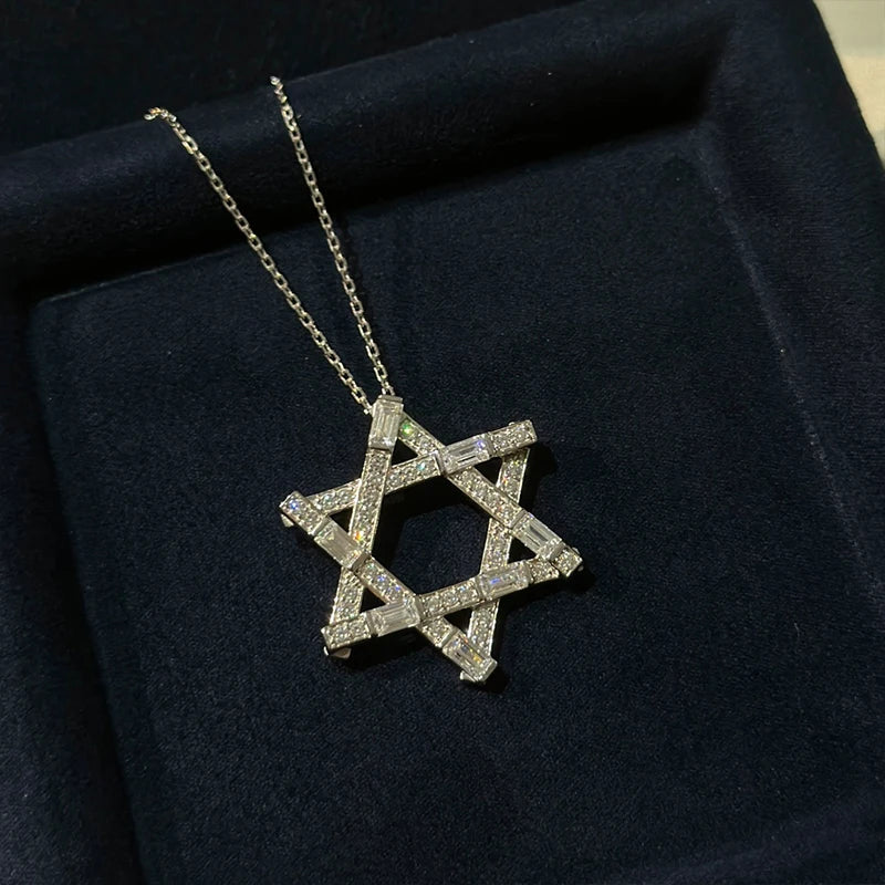 100% Pure 925 Sterling Silver Star of David Pendant Necklace with Zircon