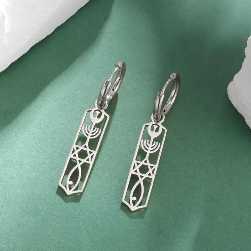 Magen Star of David Drop Earrings with Messianic Menorah Pendant