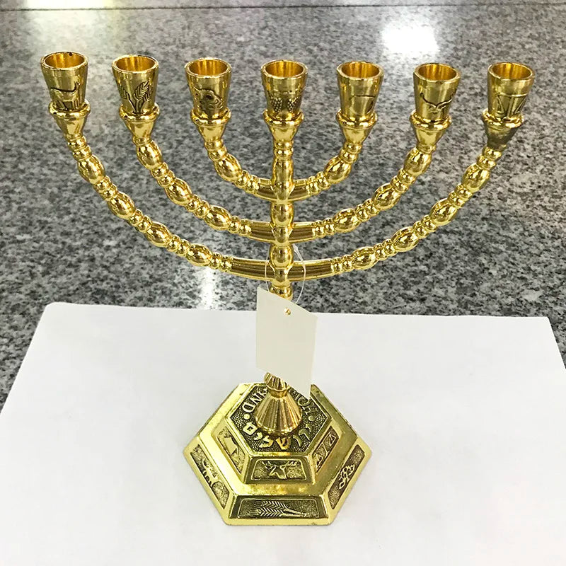 Big Size Menorah - 12 Tribes of Israel - Gold 7.87 Inches