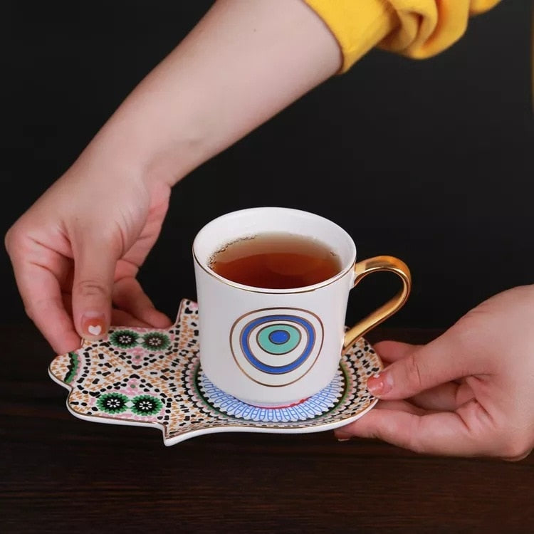 Evil Eye Hamsa Hand Ceramic Coffee Cup and Saucer Set