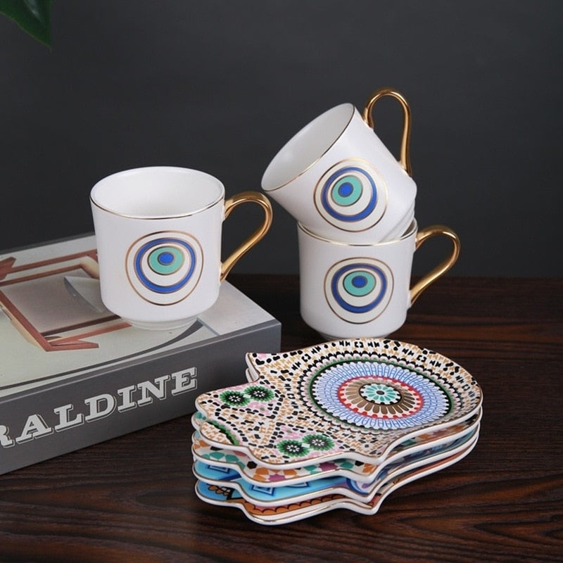 Evil Eye Hamsa Hand Ceramic Coffee Cup and Saucer Set