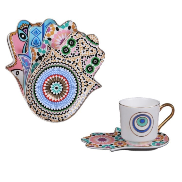 Evil Eye Hamsa Hand Ceramic Coffee Cup and Saucer Set