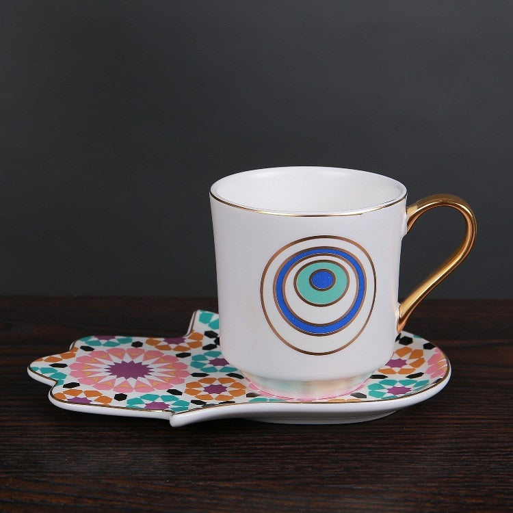 Evil Eye Hamsa Hand Ceramic Coffee Cup and Saucer Set