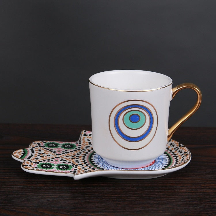 Evil Eye Hamsa Hand Ceramic Coffee Cup and Saucer Set