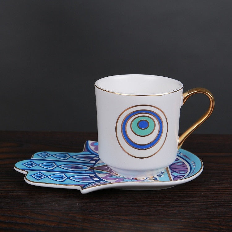 Evil Eye Hamsa Hand Ceramic Coffee Cup and Saucer Set